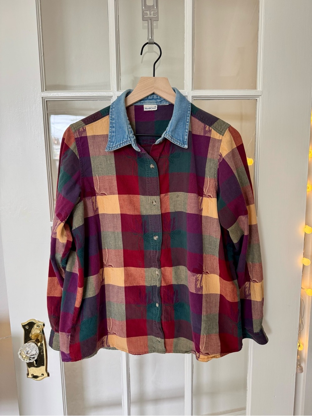 Northcrest Vintage Denim Collar Plaid Button-Up Autumn Shirt Fall Cottage Colors - Picture 3 of 8